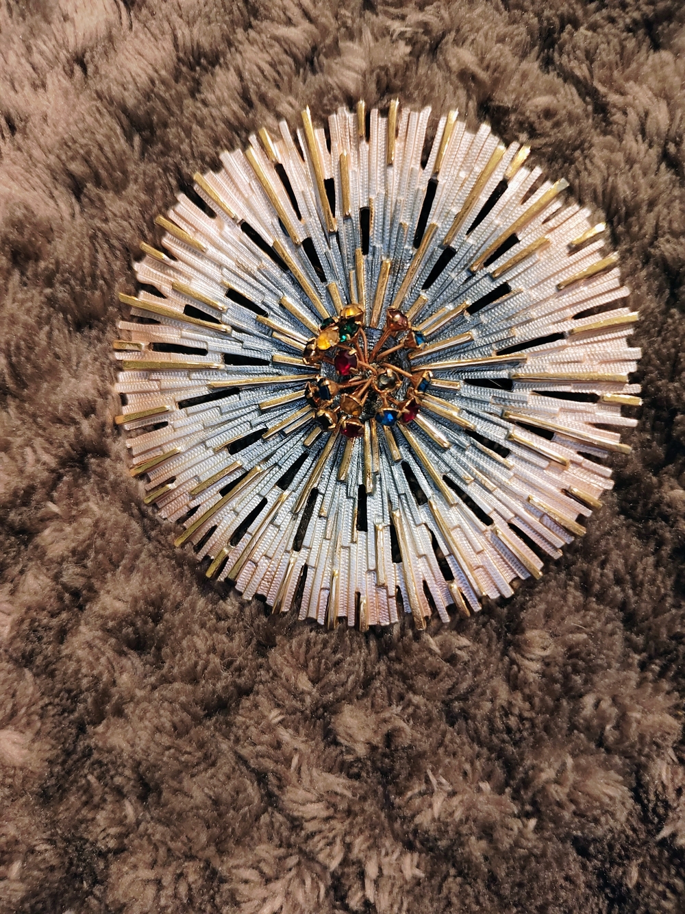 Park Lane Gold, White and Light Blue Radiant Sunburst Brooch